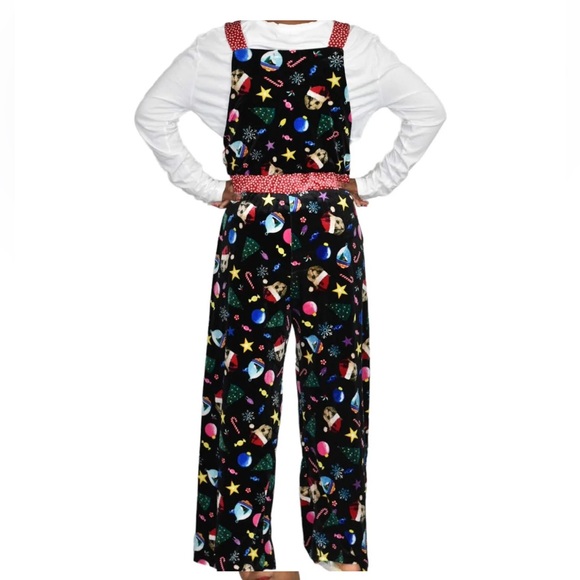Love On A Hanger Women's Black Christmas Kitty Cat Velour Overalls XL - Picture 2 of 10